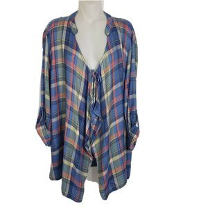 Coldwater Creek Womens Cardigan Large Plaid Embroidered Long Tab Sleeve Tie Top